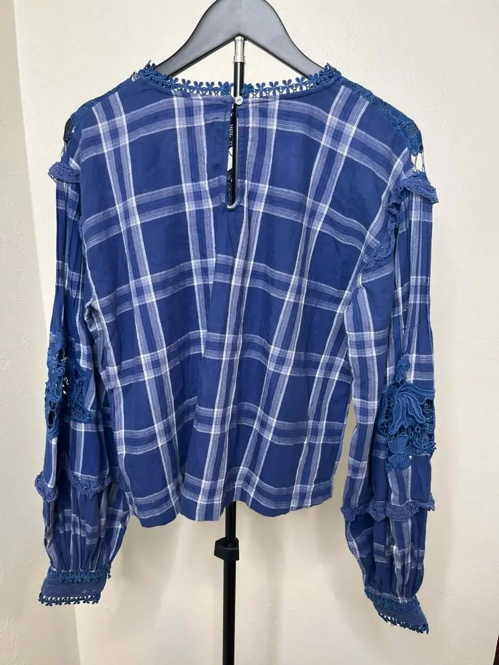 Free People Darling Diana Blue Plaid Lace Boho Cottagecore Prairie Top